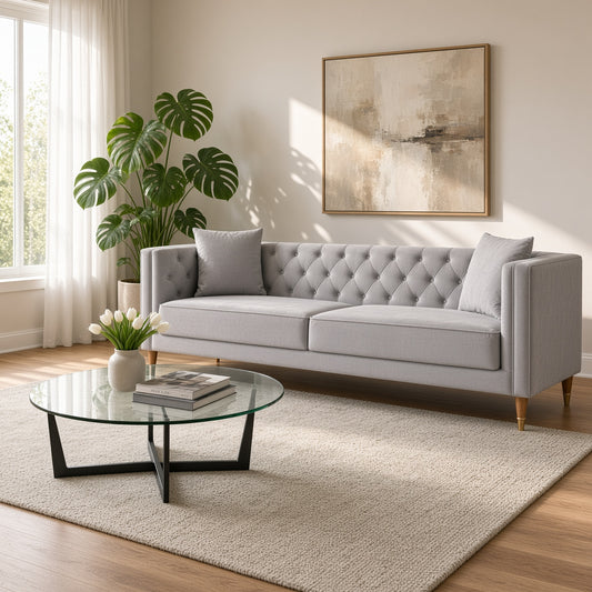 Chalky Light Gray Velvet Sofa – 90.9" Tufted Velvet 3-Seat Sofa