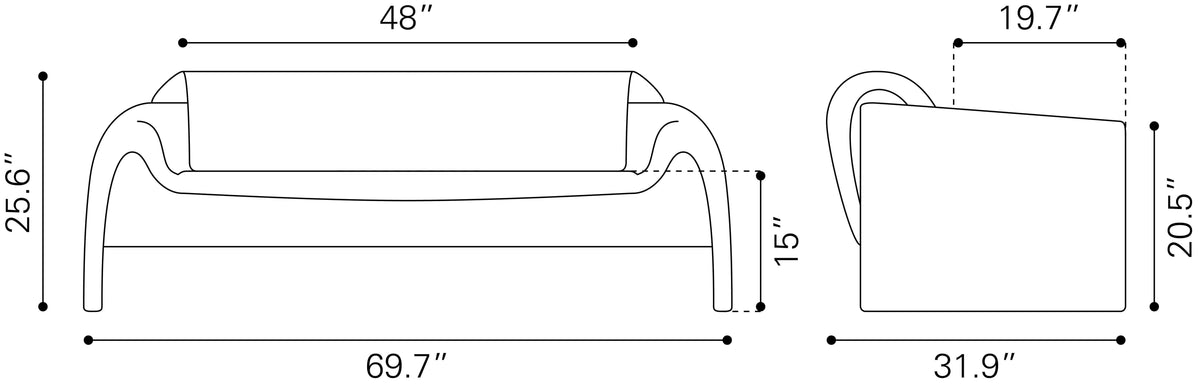 Horten Industrial Loveseat – 70” Modern Sofa with Steel Frame dimensions drawing showcasing front and side views.