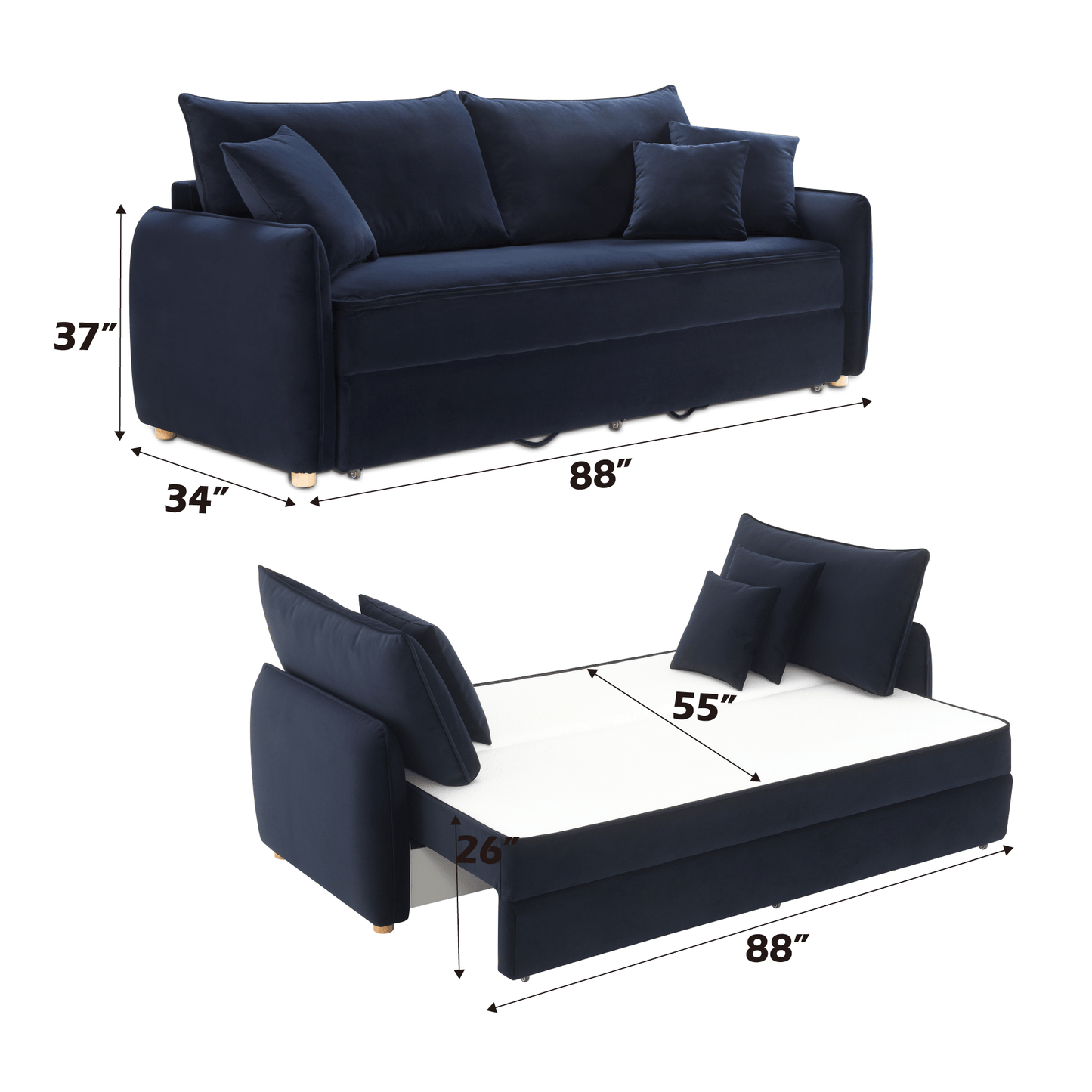 Irina Blue Velvet Sleeper Sofa w/ 3 Pillows – 88" Velvet Storage Sleeper Couch dimensions and features.