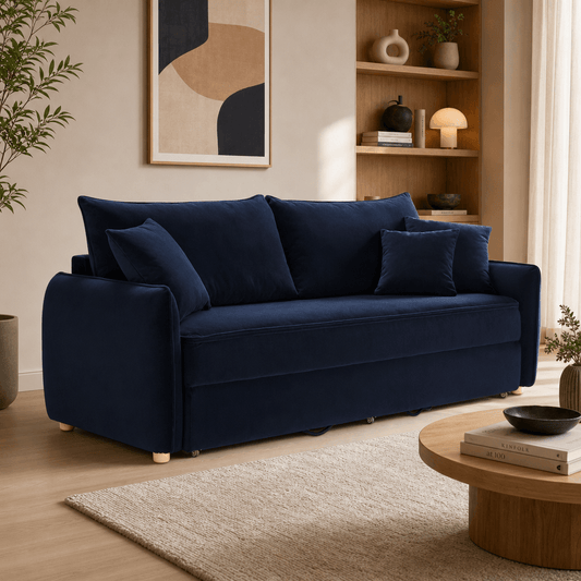 Irina Blue Velvet Sleeper Sofa w/ 3 Pillows – 88" Velvet Storage Sleeper Couch in a modern living room setting.