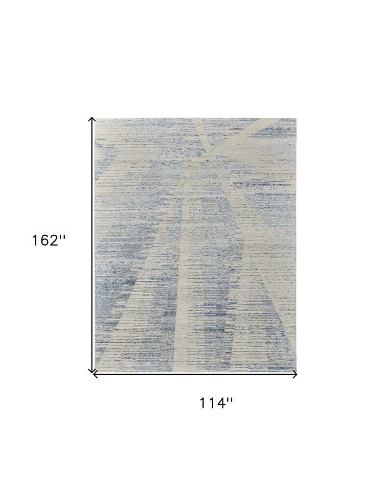 Ivory Blue And Silver Abstract Hand Knotted Distressed Area Rug | 9' x 13' design and dimensions