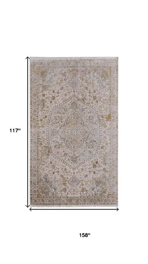 Ivory Gray And Gold Oriental Area Rug With Fringe Area Rug | 9' x 13' displayed dimensions 117" x 158".