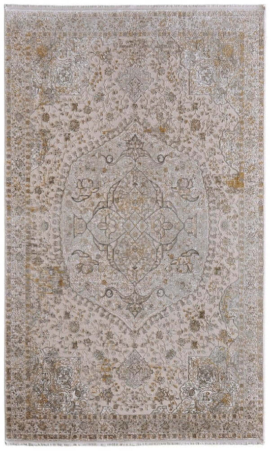 Ivory Gray And Gold Oriental Area Rug With Fringe Area Rug | 9' x 13'. Classic pattern with rich texture and lasting style.
