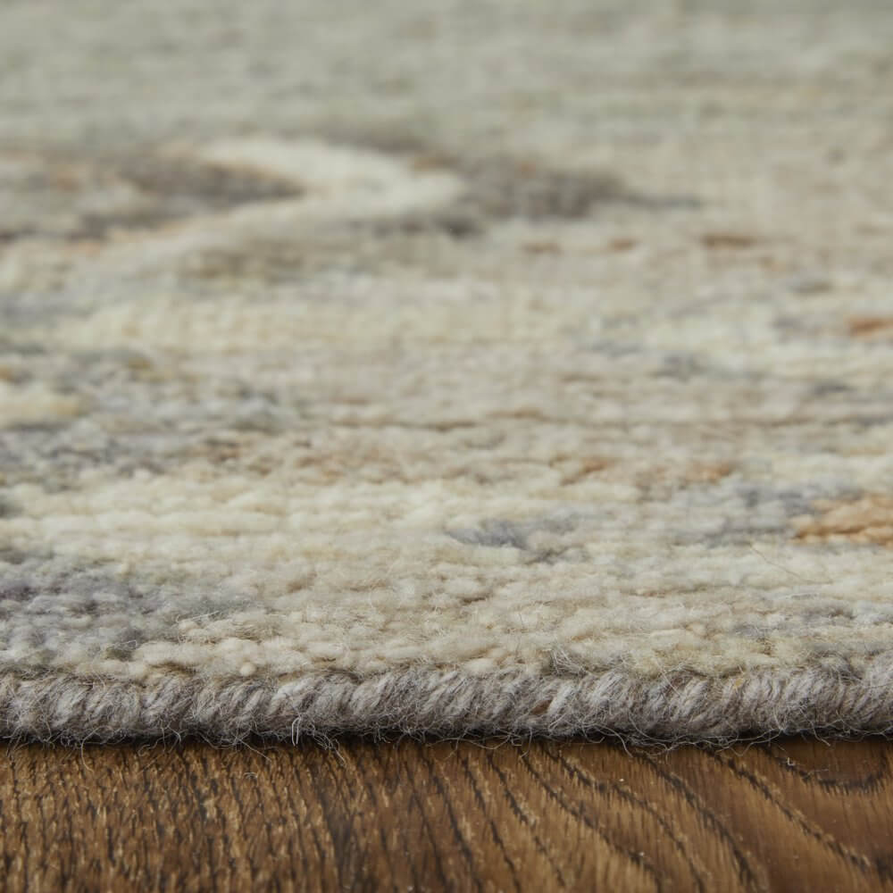 Ivory Gray and Orange Wool Moroccan Hand Knotted Area Rug | 9' x 13' close-up view showcasing texture and color.