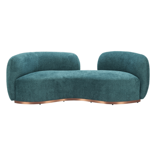 Jamela Teal Curved Sofa – 86” shearling-style modern sofa with brass base in a cozy living room setting.