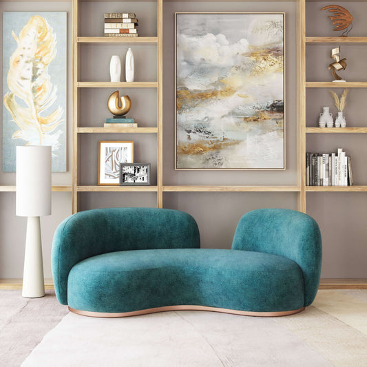Jamela Teal Curved Sofa in shearling-style fabric, modern design, brass base, cozy texture, stylish home decor.