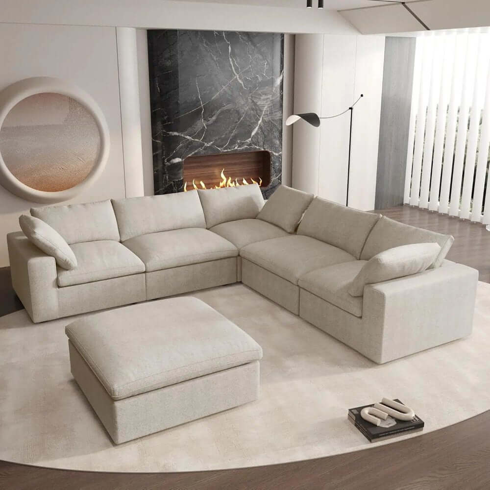 Khaki Linen Blend Modular L Shaped Six Piece Sofa and Chaise Sectional placed in a contemporary living room setting.