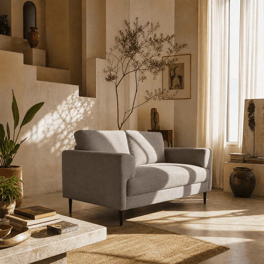 Kyrene Light Gray Linen Loveseat 61" in a stylish living room with natural light and modern decor.