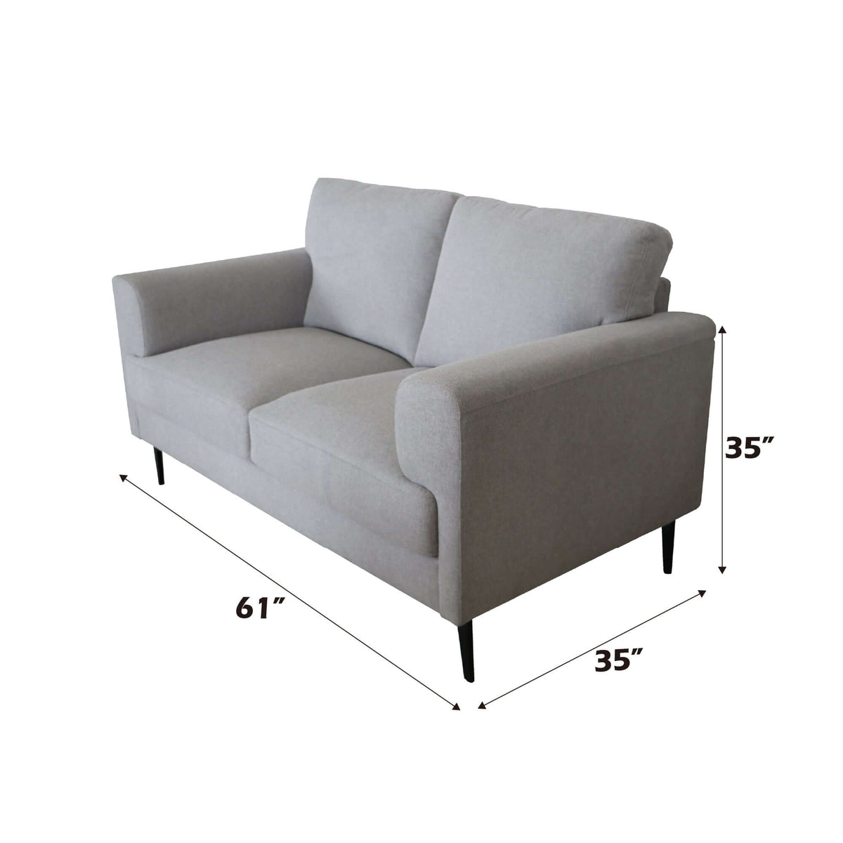 Kyrene Light Gray Linen Loveseat 61" featuring soft linen upholstery and sleek metal legs, dimensions 61" x 35" x 35".
