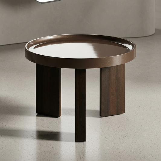 Lakita Round High Gloss & Smoked Oak Finish End Table 24" with dark blond tabletop and smoked oak base.