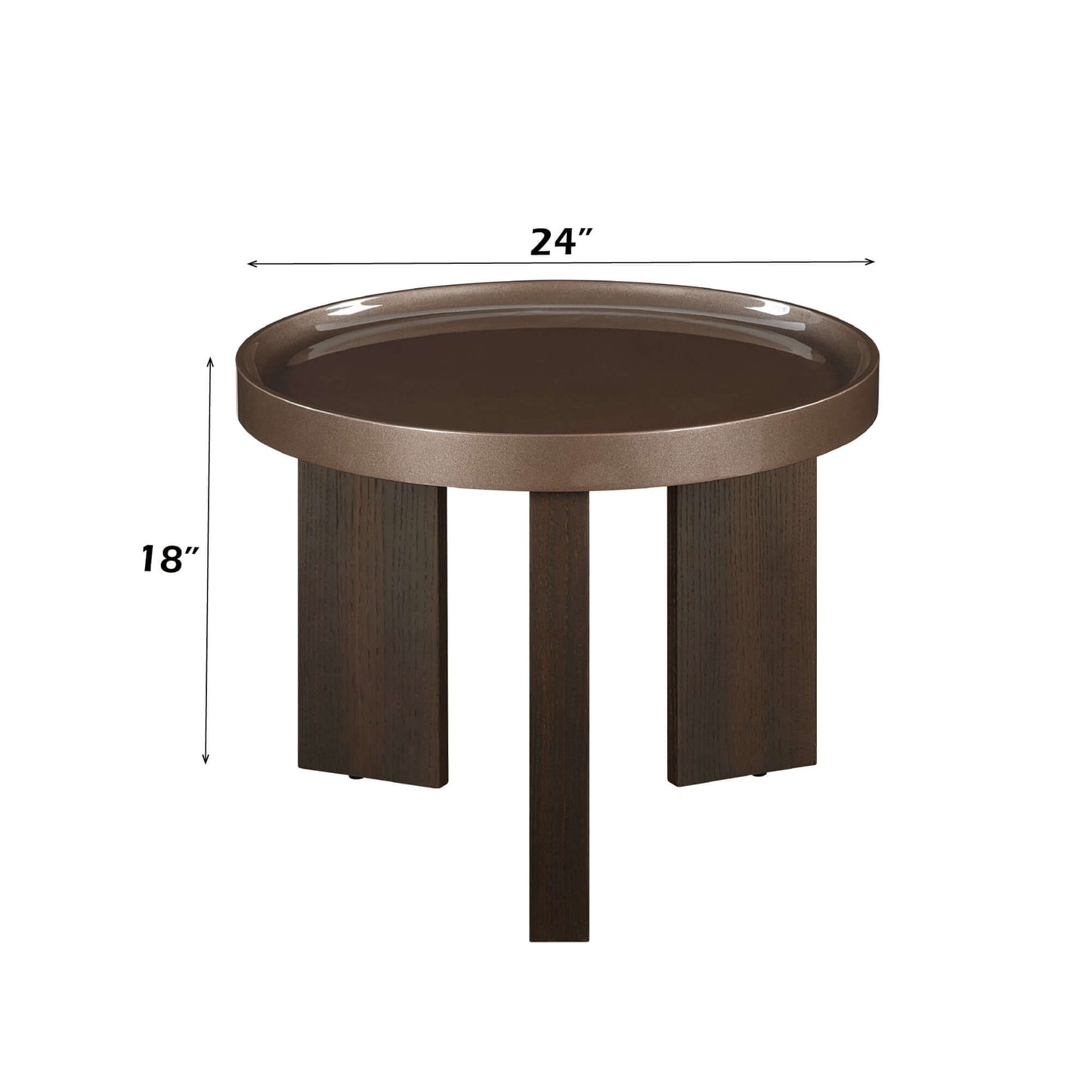 Lakita Round High Gloss & Smoked Oak Finish End Table 24" with dark blond tabletop and smoked oak base, 24 inches wide.