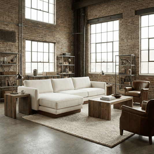 Left-Facing White Sectional Chaise Sofa with Walnut Tone Plinth Base – 112" in a modern living room setting