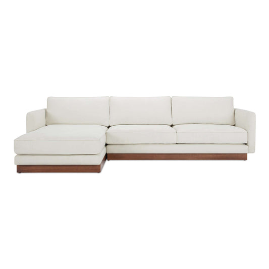 Left-Facing White Sectional Chaise Sofa with Walnut Tone Plinth Base – 112" in modern minimalist design.