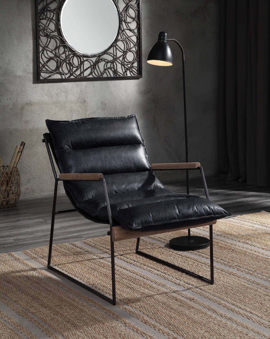 Luberzo Espresso Top-Grain Leather Armchair – Modern Metal Frame Accent Chair in a sleek living space setting.