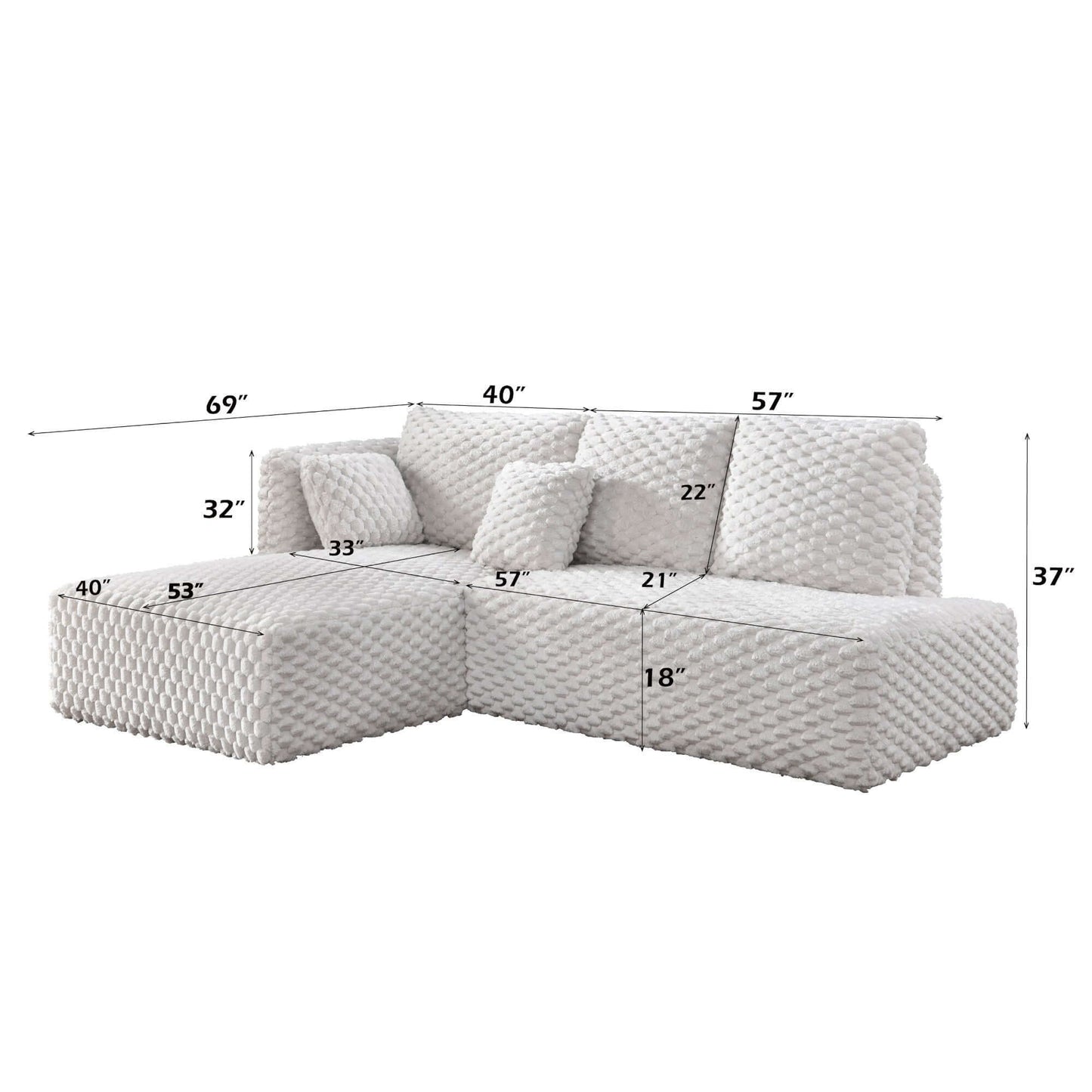 Manya Ivory Corduroy Sectional Sofa – 97” L-Shape Chaise Sofa with Pillows, dimensions and design details.