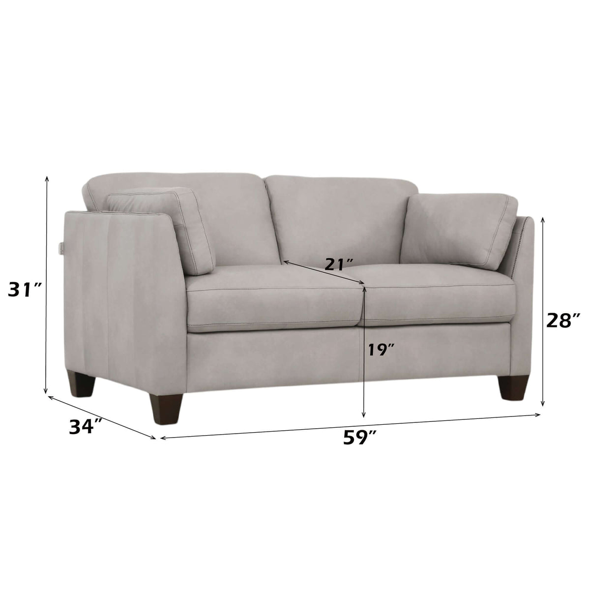 Matias Dusty Gray Italian Leather Sofa Loveseat 59" with dimensions and contemporary design features.