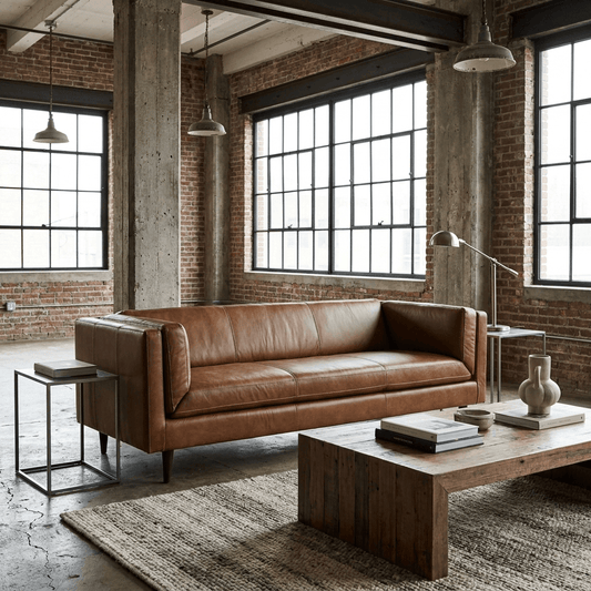 86" Mid-Century Top Grain Leather Sofa | Brown Modern 3-Seater Sofa in a stylish living room setting.