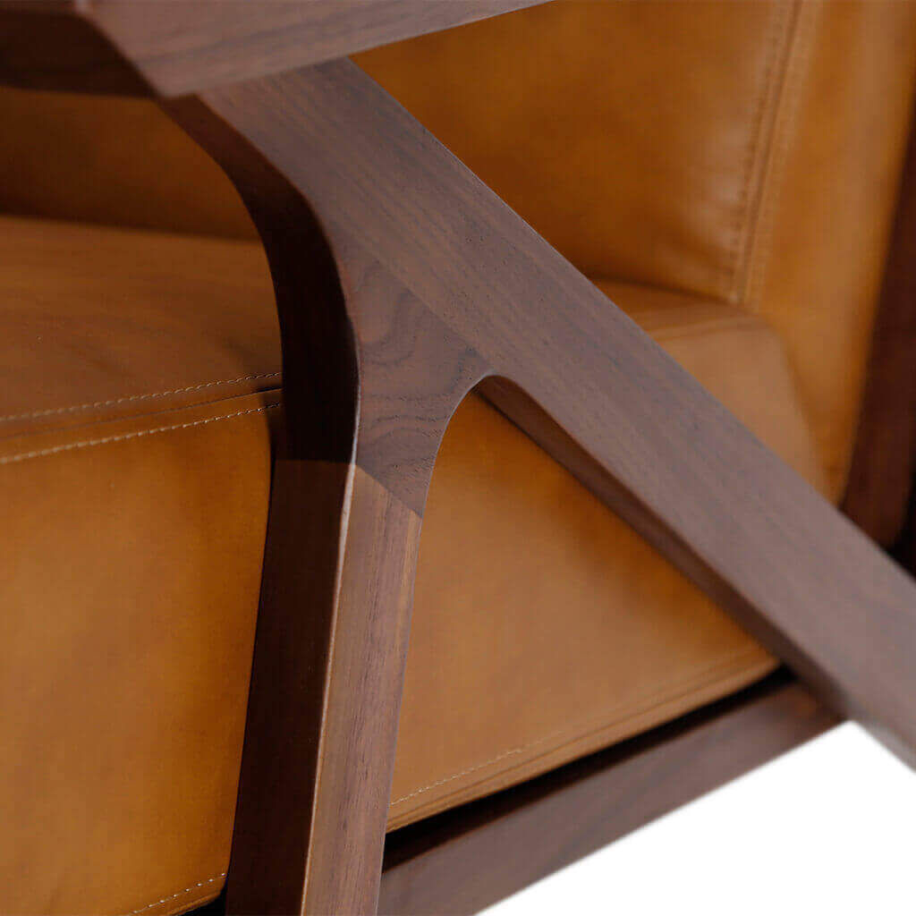 Mid-Century Modern Brown Genuine Leather Accent Chair β Solid Walnut Frame detail of frame construction.