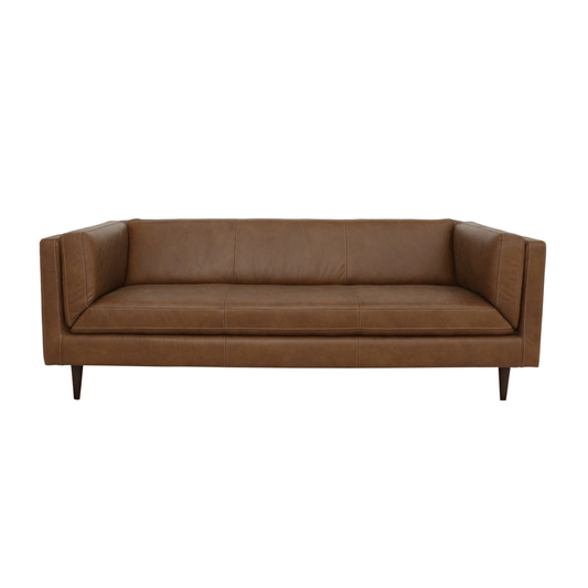 86" Mid-Century Top Grain Leather Sofa | Brown Modern 3-Seater Sofa - Rich brown leather with tapered legs and sleek design.