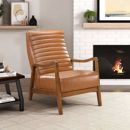 Mid-Century Tufted Faux Leather Accent Armchair – Walnut Wood Frame Chair in a cozy living room setting.