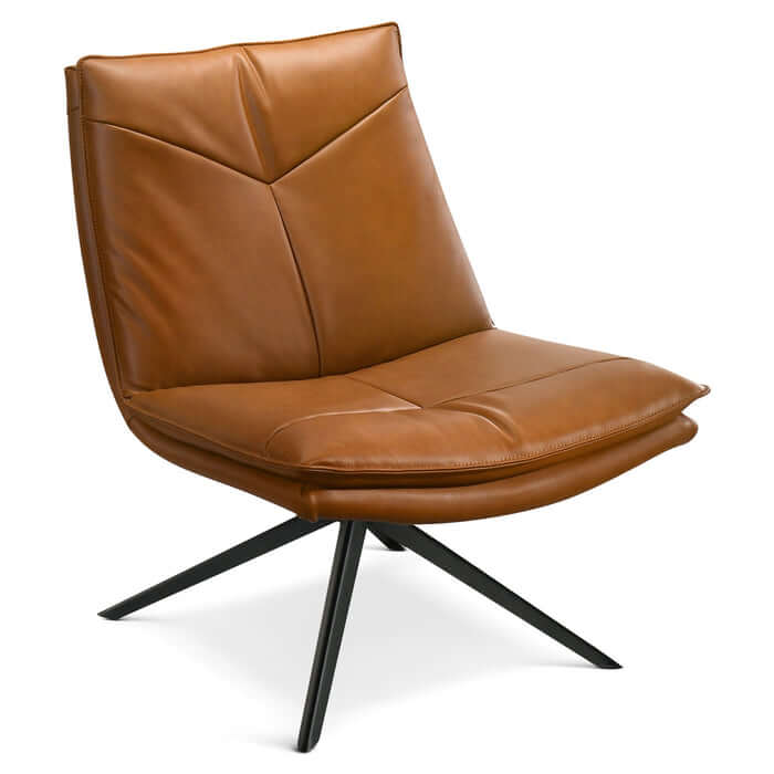 Oakland Cognac Vegan Leather Armless Swivel Chair showcasing mid-century modern design with X-shape base and plush seating.