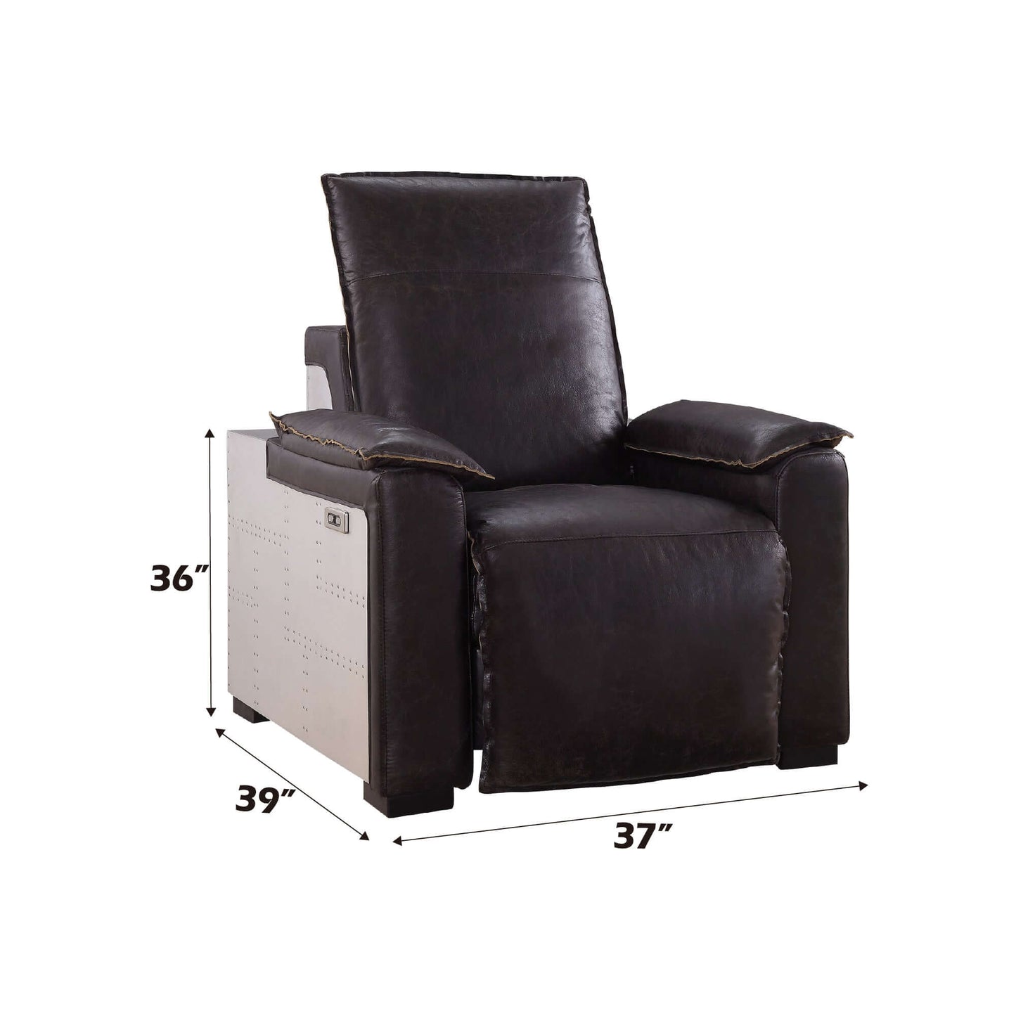 Misezon Top-Grain Leather Aluminum Power Recliner – Industrial Aviator Lounge Chair side view with measurements