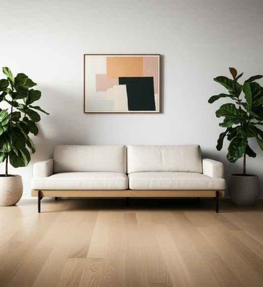 95" Beige Fabric Sofa with Black Legs | Modern Upholstered Living Room Couch in a stylish interior setting.