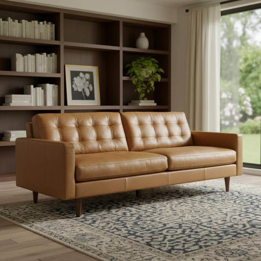 88" Brown Leather Sofa | Modern Leather Couch with Solid Wood Legs in a stylish living room setting