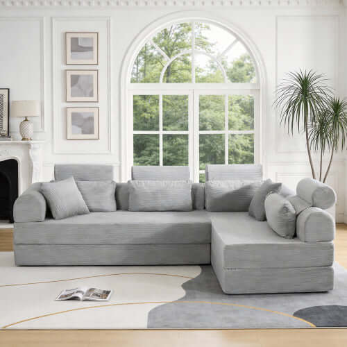 Modern Corduroy Sleeper Sectional – L-Shape Modular Sofa Bed (106” Convertible Couch) in a cozy living room setting.