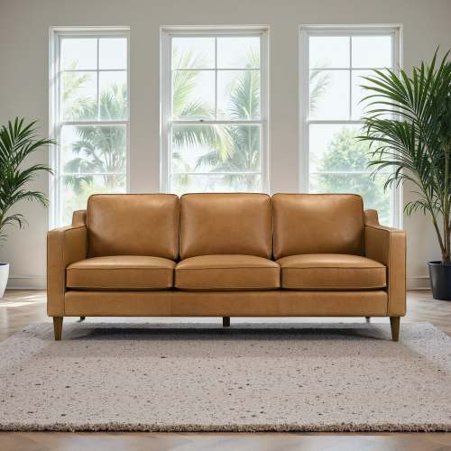 Modern Genuine Leather 3 Seat Sofa 81β β Cooper MCM Tan Leather Couch in a bright living room with large windows.