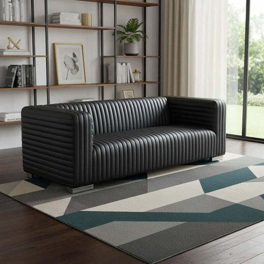83" Leather Sofa with Solid Wood Frame | Modern Leather Couch (Brn or Blk) on a patterned rug in a bright living room.
