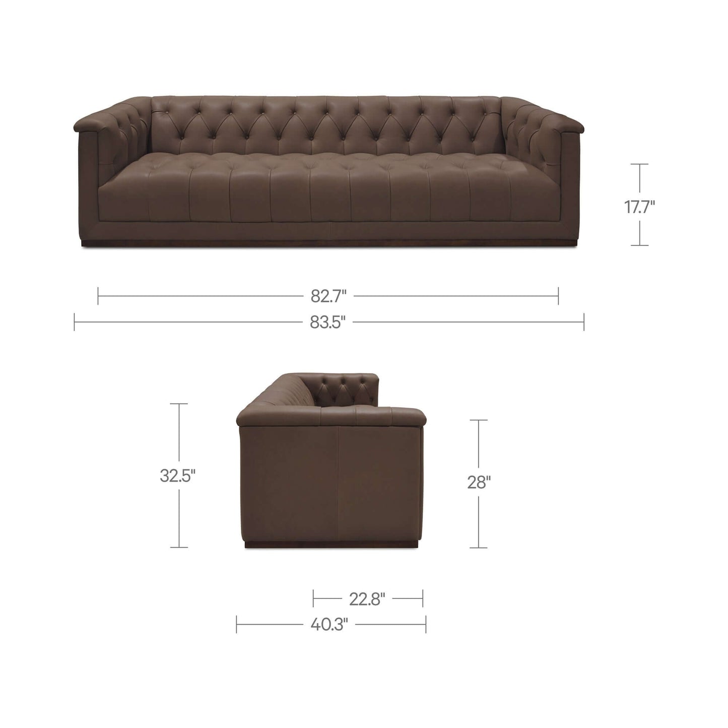 83.5" Cool Brown Top Grain Leather Sofa | Modern Rectilinear 3-Seater Sofa dimensions and design features