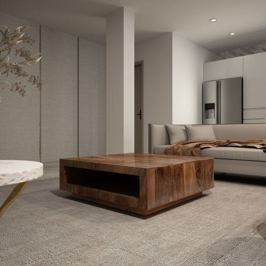37.4" Modern Solid Wood Square Coffee Table with Open Shelf Storage in a contemporary living room setting.