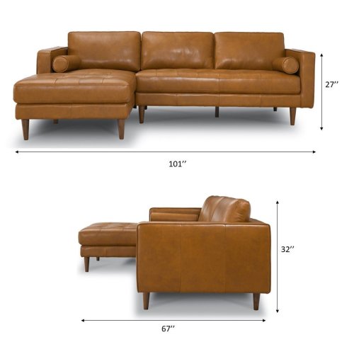 Modern Tufted Leather Chaise Sofa Sectional 101” – Anthony MCM Genuine Leather L-Shape Couch dimensions and design showcase.