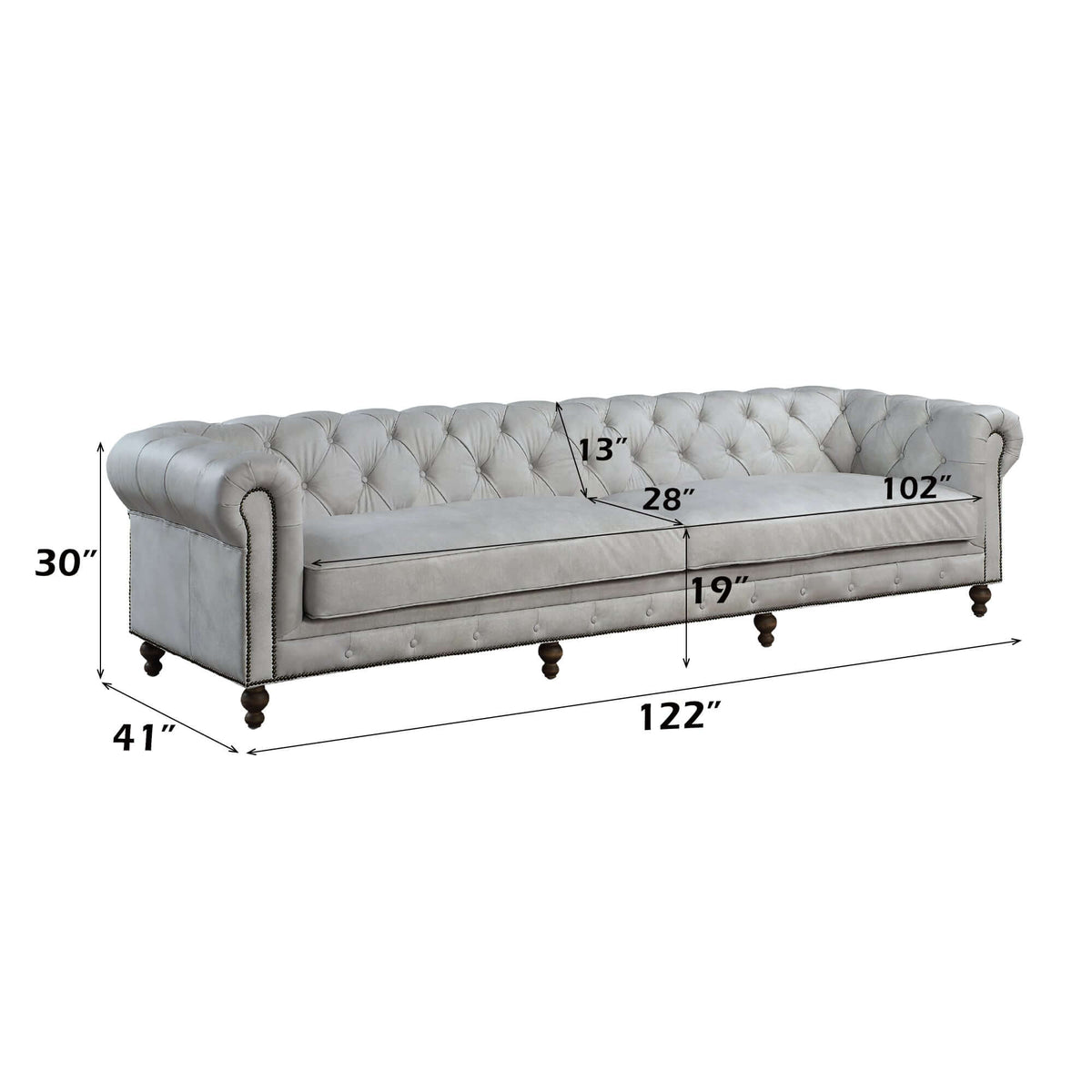 Ofer Vintage Top-Grain Leather Sofa – 122” Antique White Tufted Sofa with Nailhead Trim dimensions diagram.