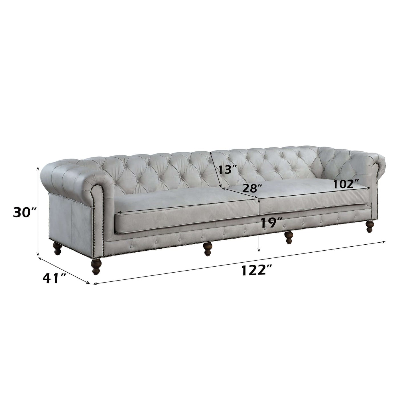 Ofer Vintage Top-Grain Leather Sofa β 122β Antique White Tufted Sofa with Nailhead Trim dimensions diagram.