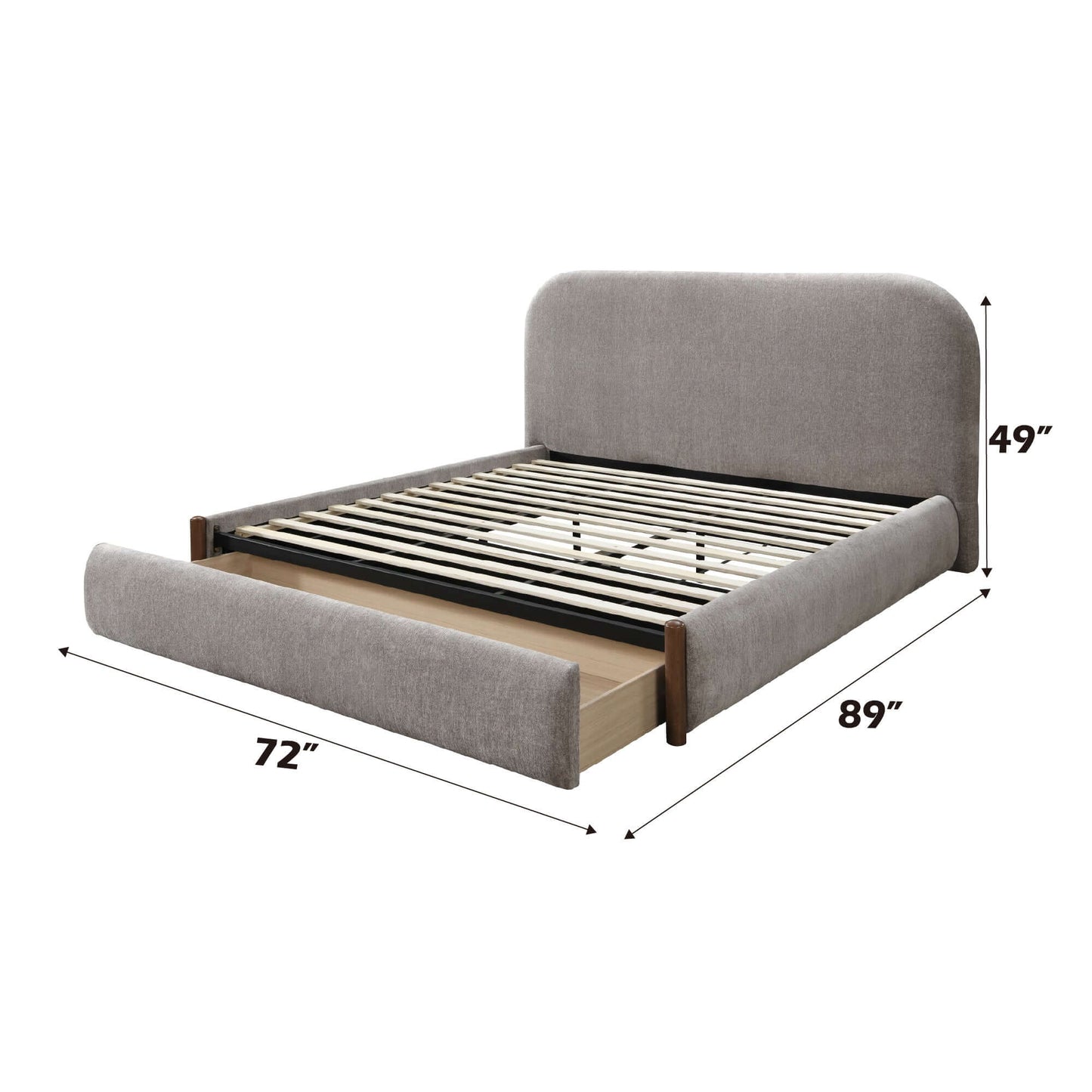 Orane Gray Fabric Queen Bed Platform w/Storage with low-profile footboard and storage drawer dimensions 72"x89"x49"