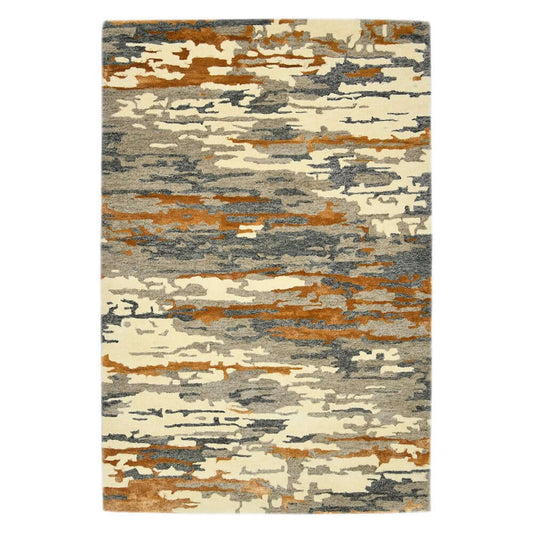 Orange Ivory And Green Wool Abstract Hand Tufted Area Rug | 9' x 13' showcasing a modern design with vivid colors.