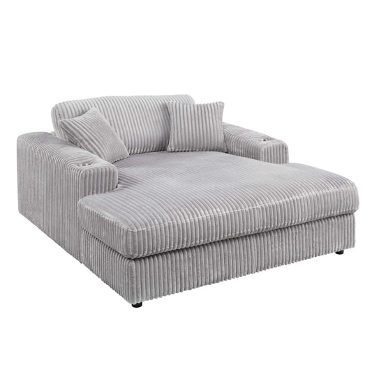 Oversized Gray Lounge Chair with corduroy fabric, cup holder, and two pillows perfect for lounging.