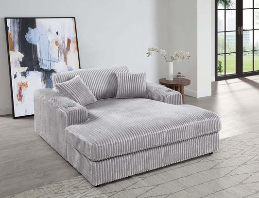 Oversized Gray Lounge Chair Corduroy with Cup Holder & 2 Pillows in a modern living room setting.