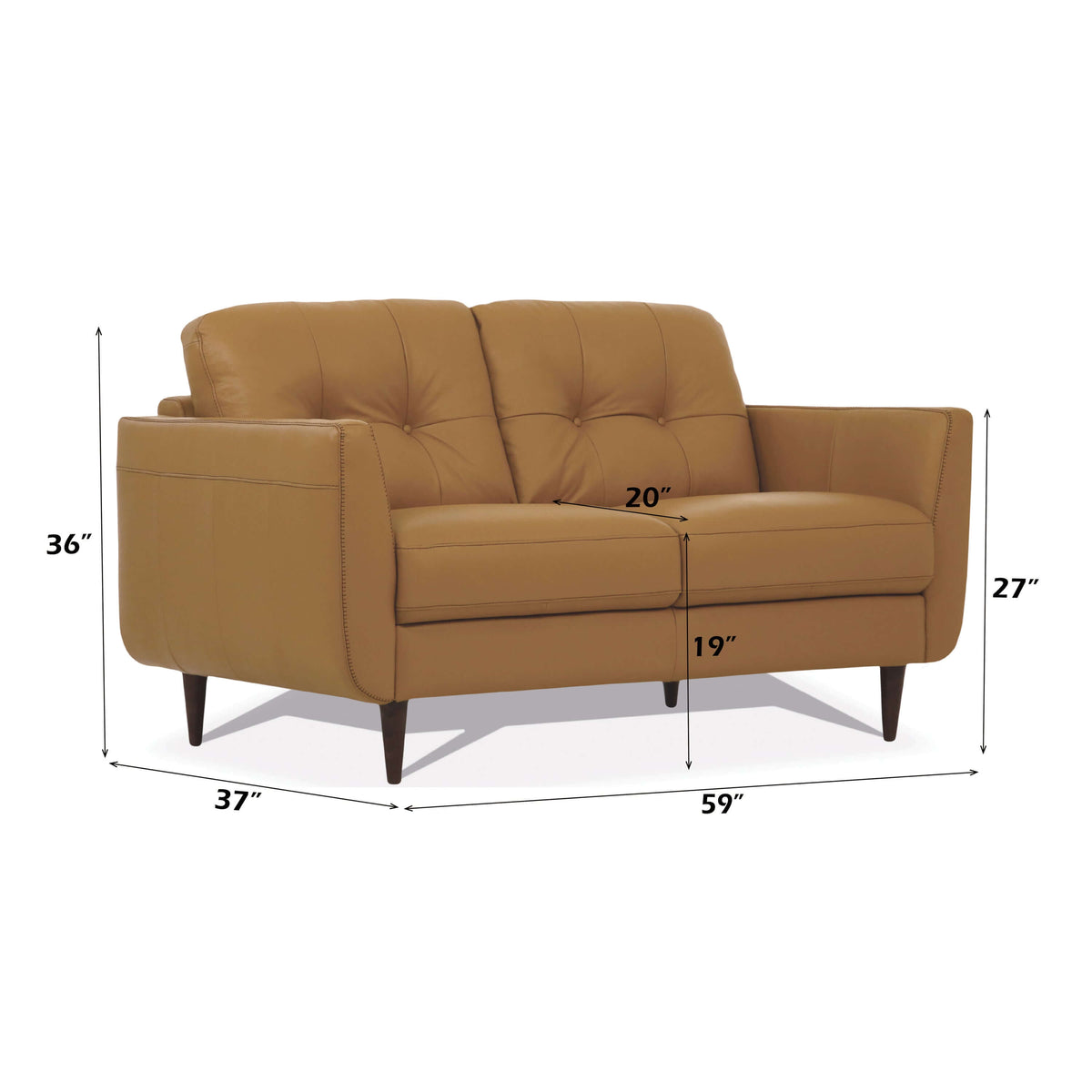 Radwan Midcentury Modern Premium Italian Sofa Leather Loveseat 59" with dimensions 59"W x 36"H in camel leather.