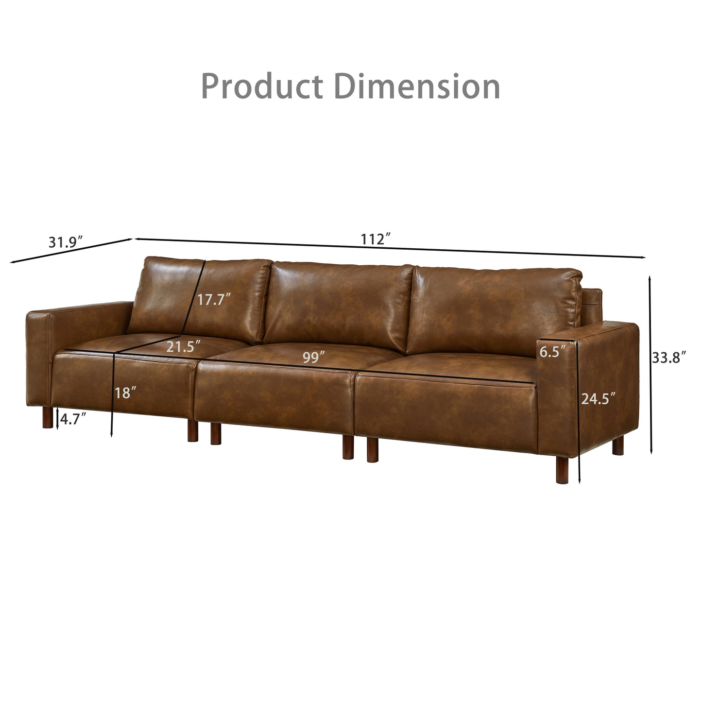 Ravenna Brown PU Leather Sofa – 112" Square-Arm 3-Seat Sofa – view 12