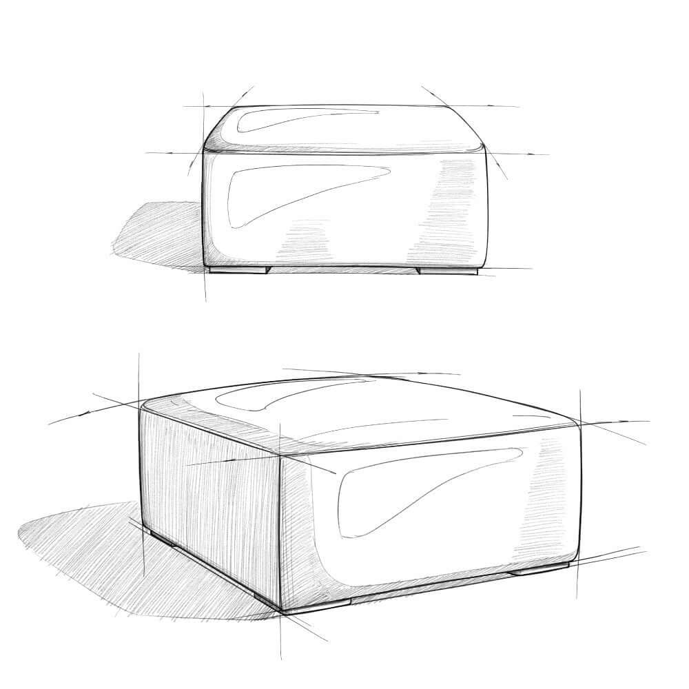Sketch of Rex Genuine Leather Square Ottoman design, showcasing modern lines and versatile shape.