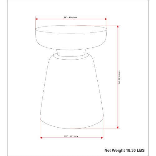 Dimensions diagram of Robbie Wood Accent End Table, showcasing a sculptural design, 16'W, 18.30 lbs weight.