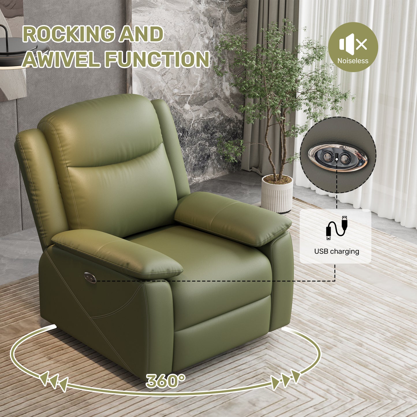 Rocker Recliner Chair with USB Charging Port, 360° Swivel Recliner Sofa, Oversized Electric Reclining Sofa for Adults, nursing chair with Overstuffed Cushion and Back( GREEN) – view 6