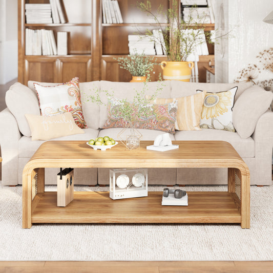 Rosalind Curved Coffee Table with Rattan Sides – 2-Tier Storage, Boho Farmhouse – view 2