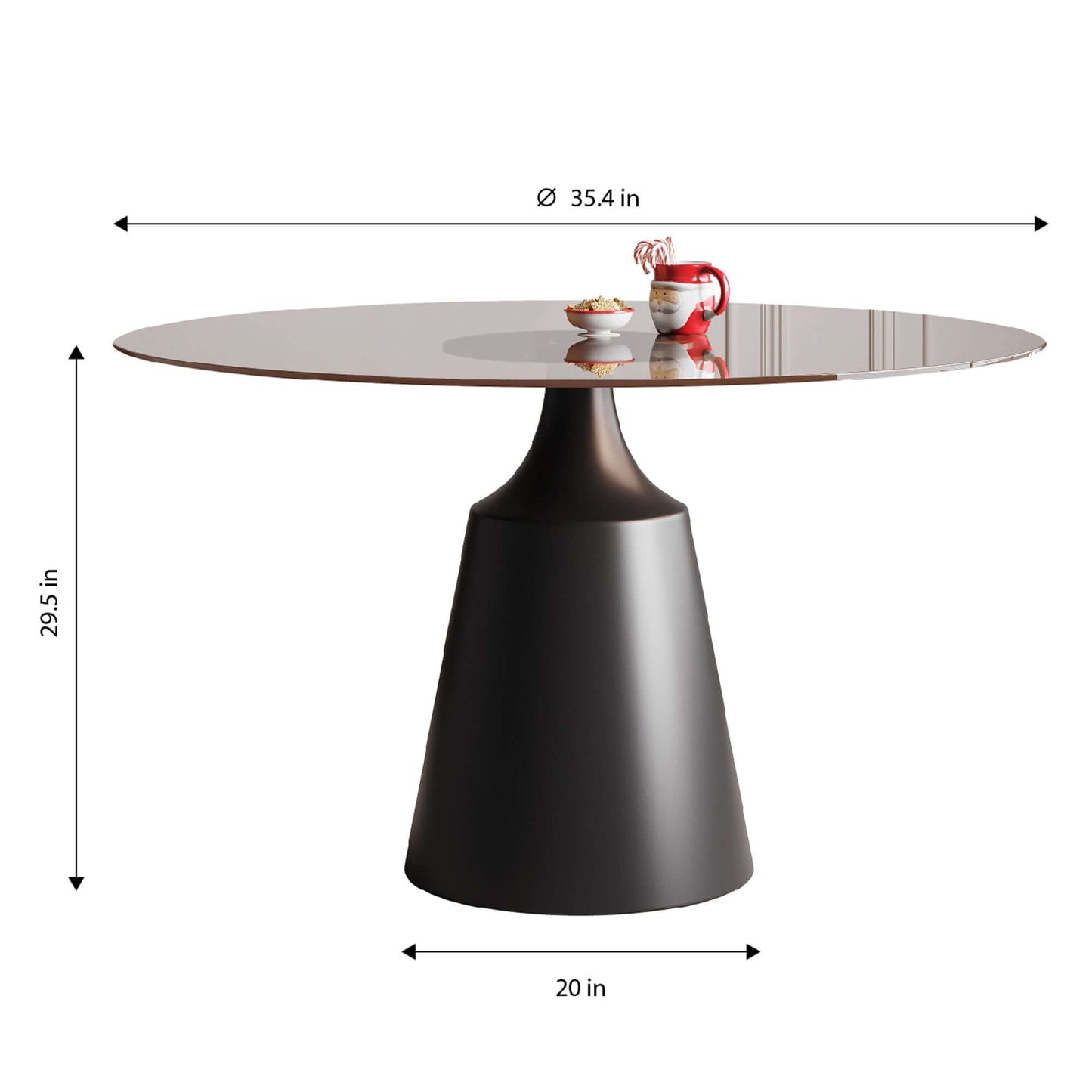 Round Mid-Century Modern Dining Table with Glass Top 35" featuring a sleek black pedestal base and glass top, ideal for small spaces.