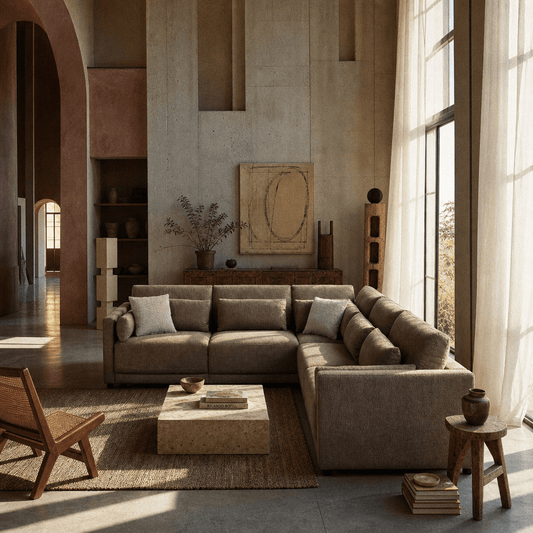 Rylie Brown Linen Modular Sectional Sofa – 144” Couch with Pillows (2 Sizes) in a modern living room setting.