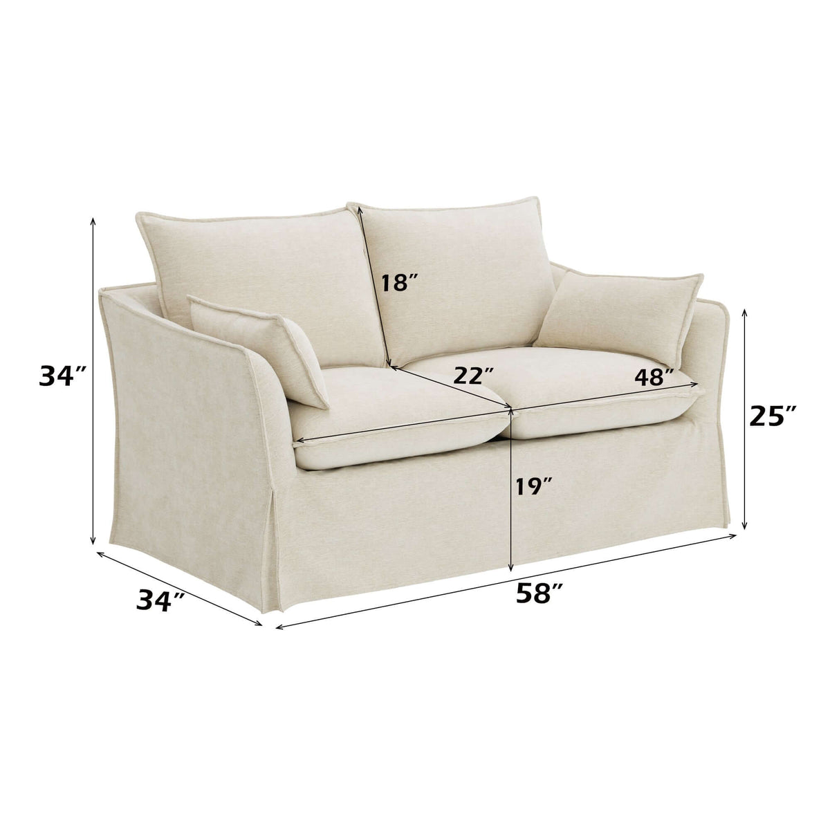Shane Beige Linen Slipcover Loveseat w/2 Pillows 58" dimensions showing cozy and elegant design.