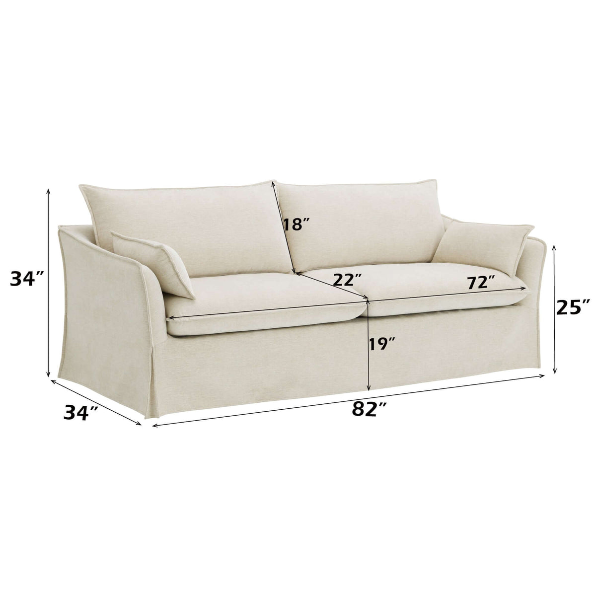 Shane Beige Linen Sofa – 82” Slipcovered Sofa with Pocket Coil Seating & 2 Pillows dimensions diagram